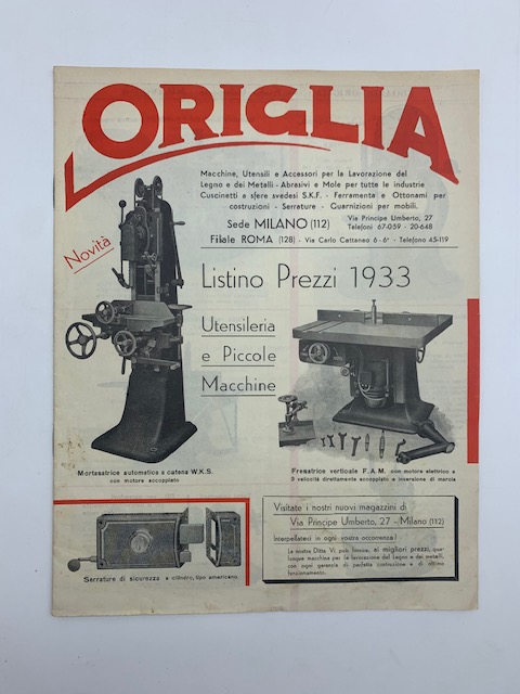 Origlia. Utensileria e piccole macchine. Listino prezzi 1933